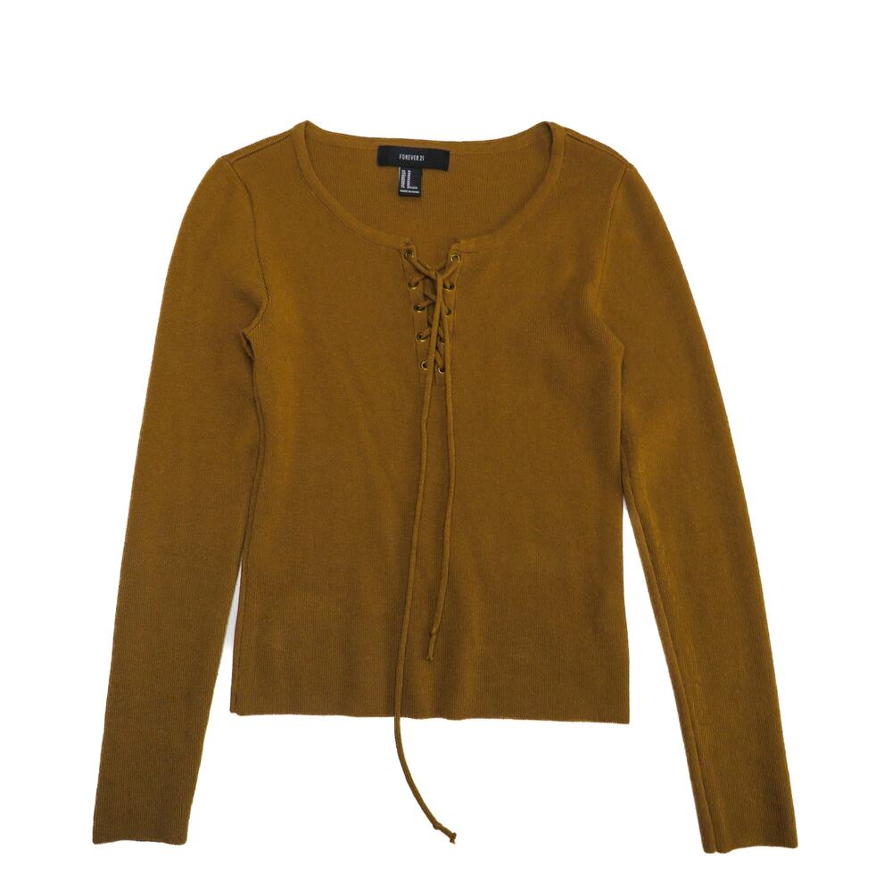 Forever 21 Ribbed Knit Lace Up Sweater Mustard Brown